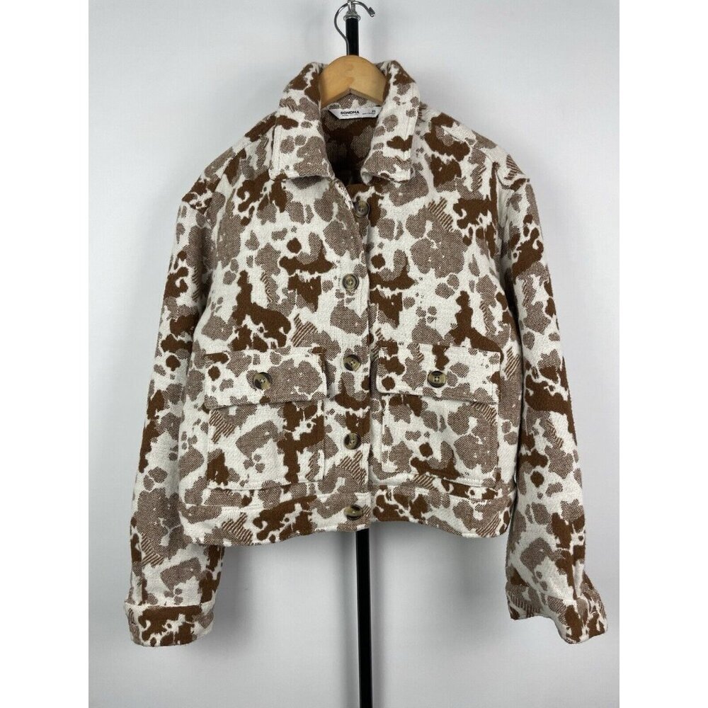Sonoma White Brown Cow Print Cropped Button Up Shacket Shirt Jacket Size XS